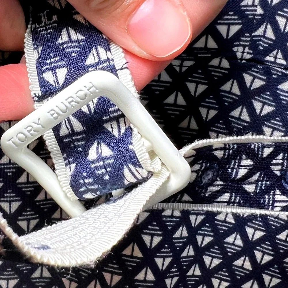 Tory Burch Navy Blue White Geometric Print V-Neck Belted‎ Dress Womens Medium